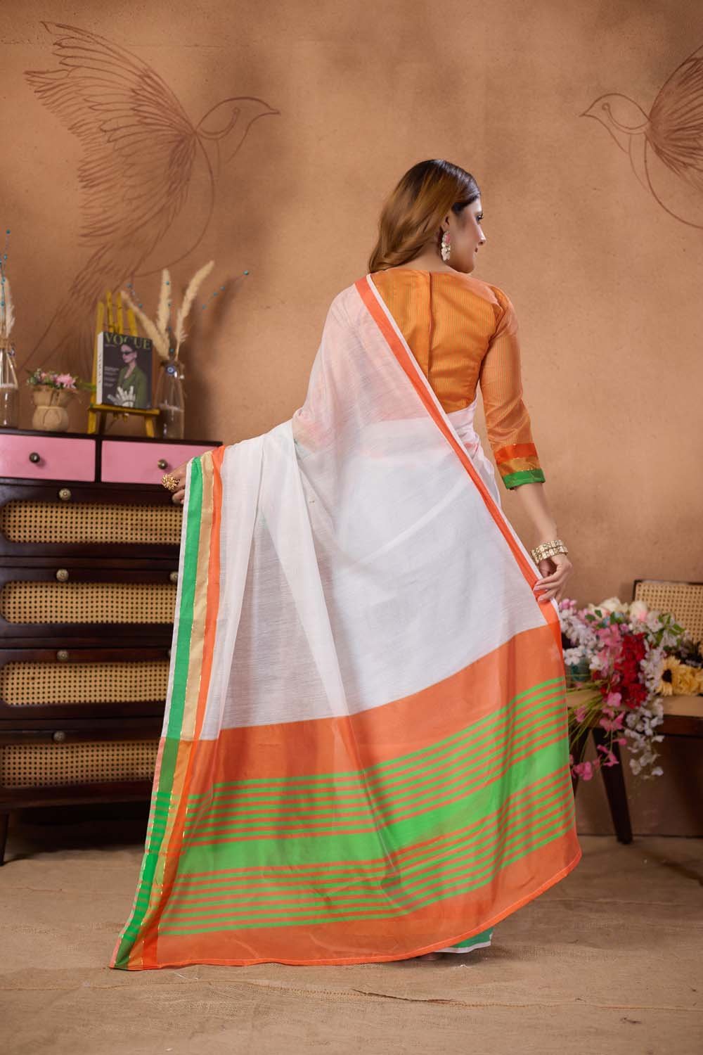 White Linen Tiranga Saree with Tricolour Border