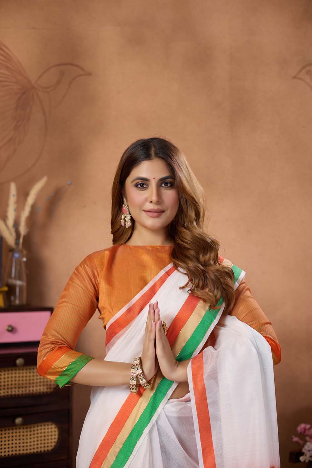 White Linen Tiranga Saree with Tricolour Border
