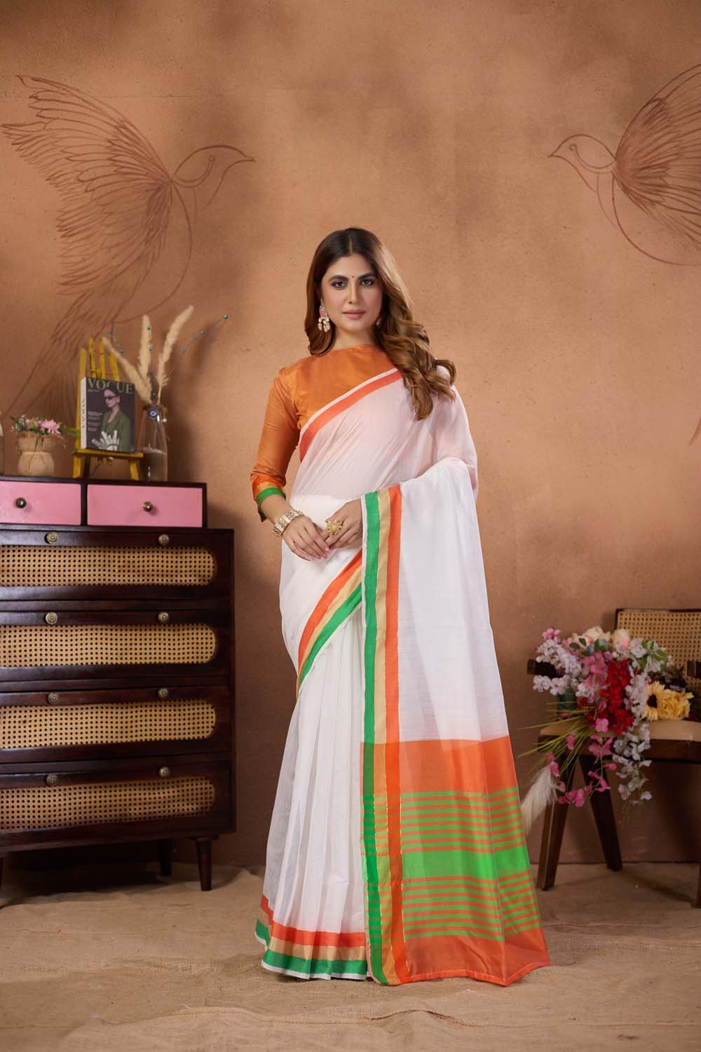 White Linen Tiranga Saree with Tricolour Border