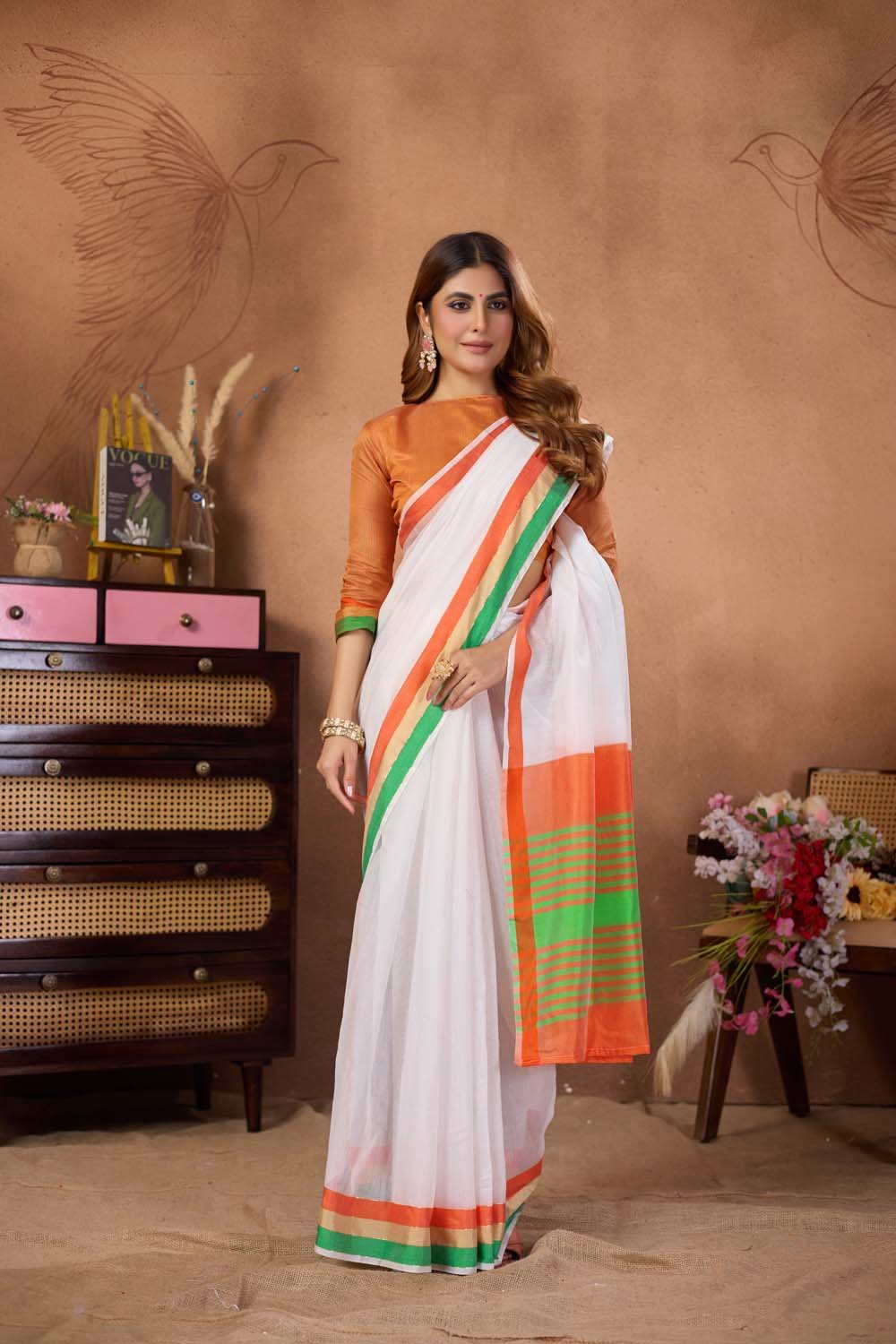 White Linen Tiranga Saree with Tricolour Border