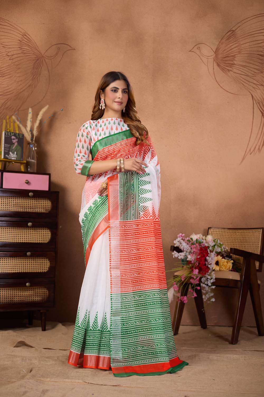 Independence Day Special Tricolor Linen Saree with Blouse